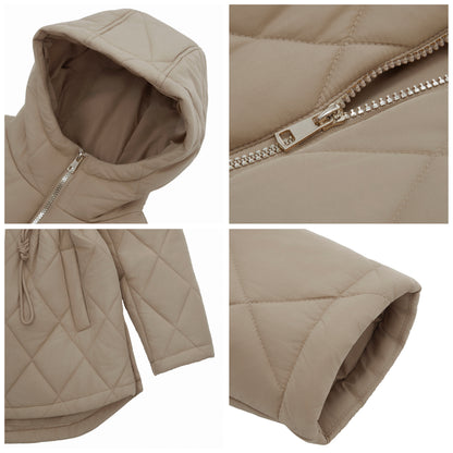 Women's Diamond Quilted Adjustable Hem and Waist Puffer Jacket - Khaki