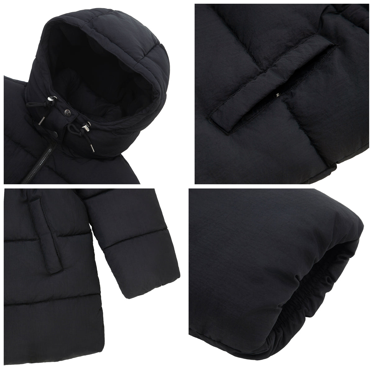 Women's Winter Puffer Jacket Cinch Waist Fleece Hood Parka Coat - Black