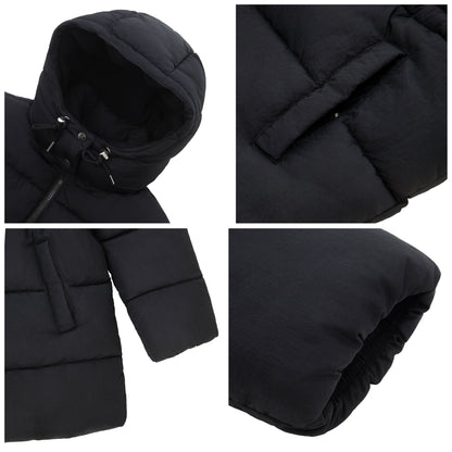 Women's Winter Puffer Jacket Cinch Waist Fleece Hood Parka Coat - Black