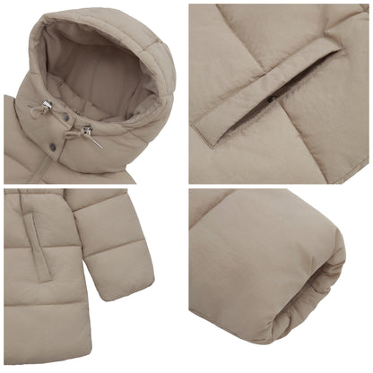 Women's Winter Puffer Jacket Cinch Waist Fleece Hood Parka Coat - Khaki