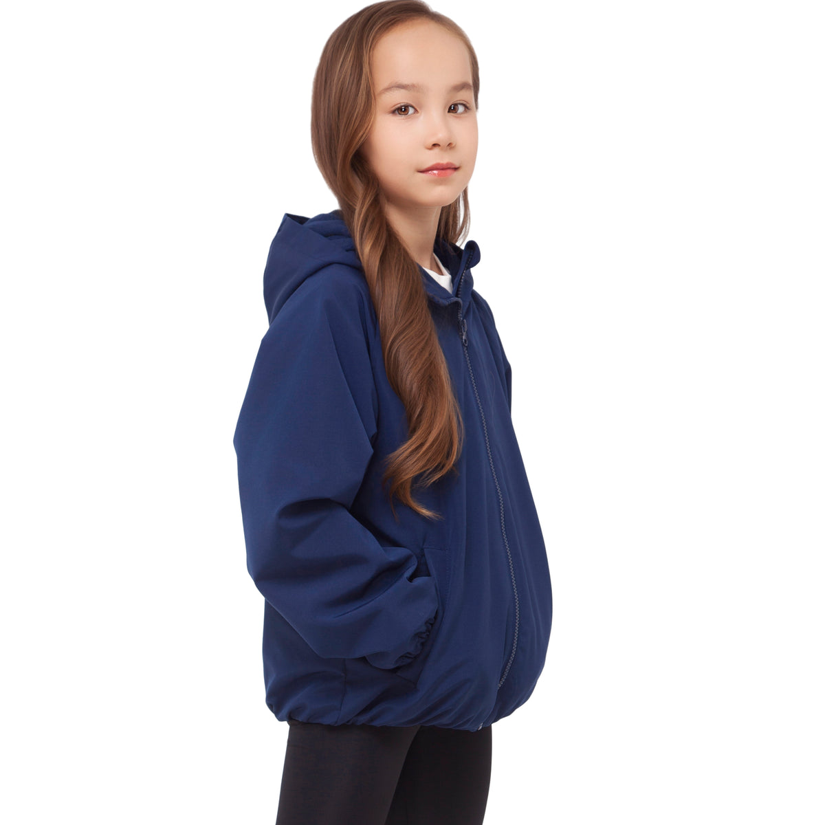 Girls Fleece Lining Jacket with Bubble Hem Snap Pockets Coat - Navy
