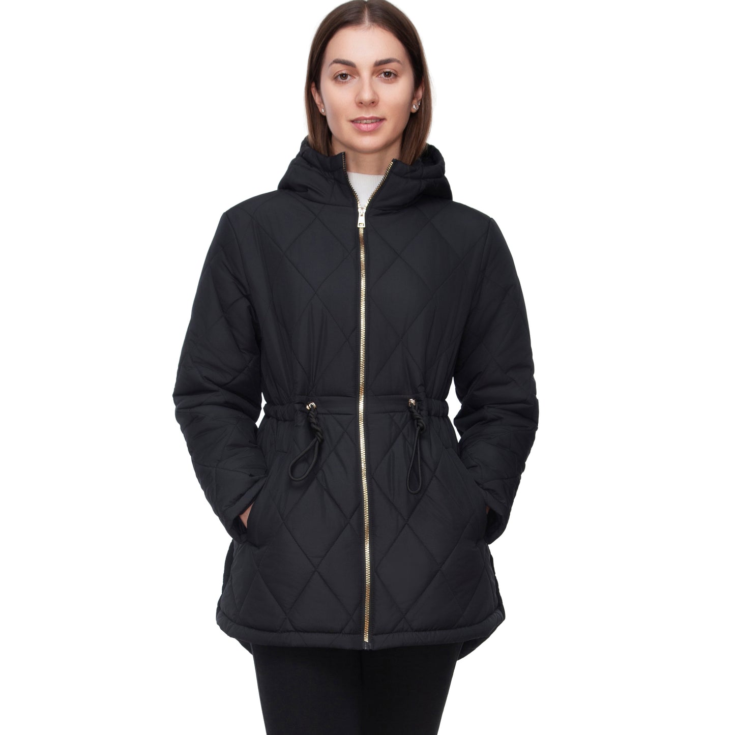 Women's Diamond Quilted Adjustable Hem and Waist Puffer Jacket - Black