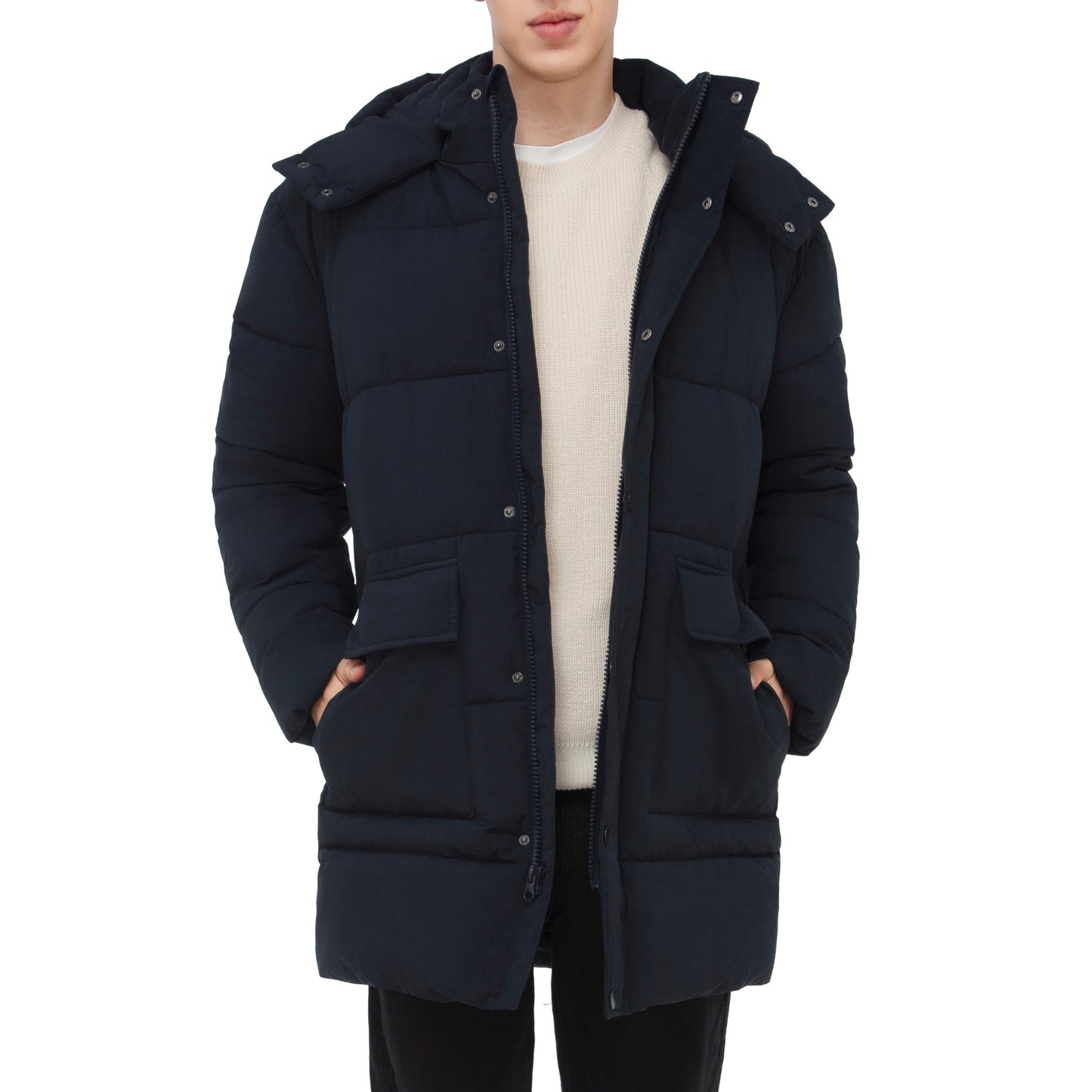 Men's Puffer Jacket Water-Resistant Fleece-Lined Winter Coat - Navy