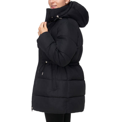Women's Winter Puffer Jacket Cinch Waist Fleece Hood Parka Coat - Black
