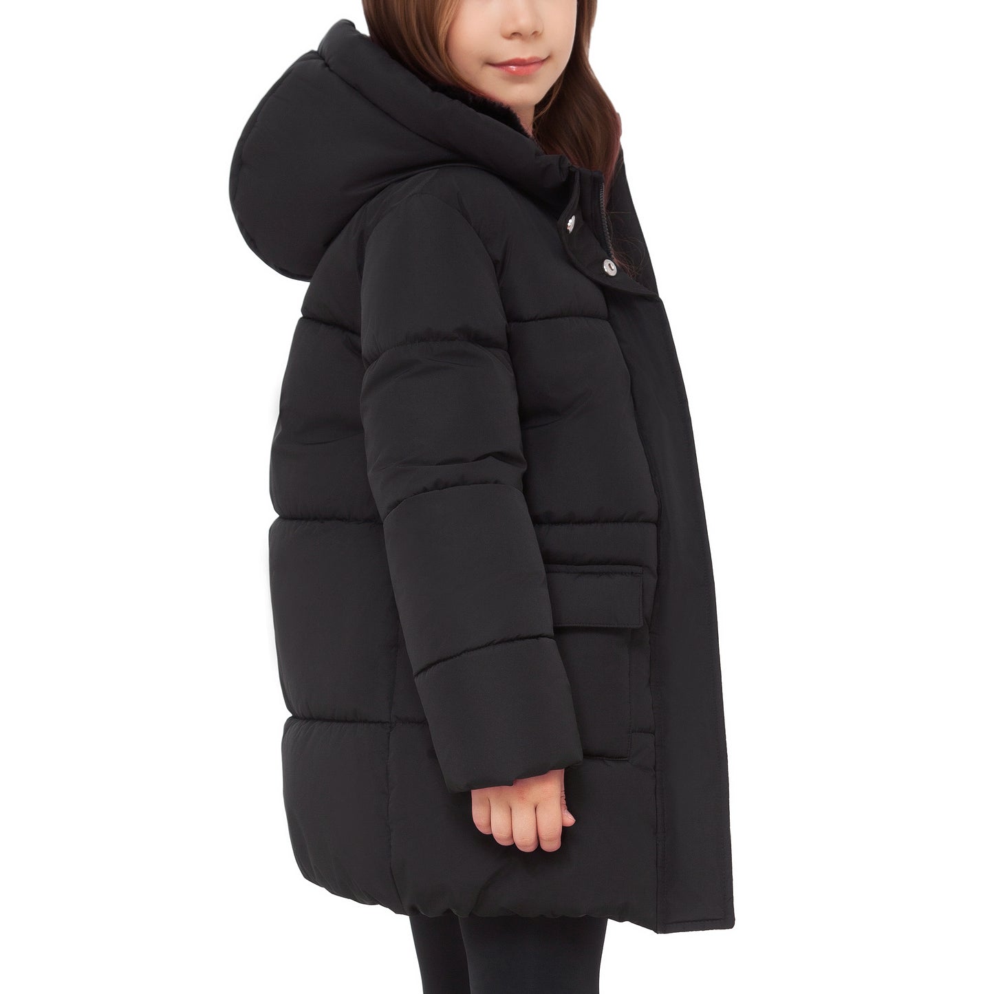 Rokka&Rolla Girls' Long Puffer Jacket with Soft Mini Fur Lined Hood - Black