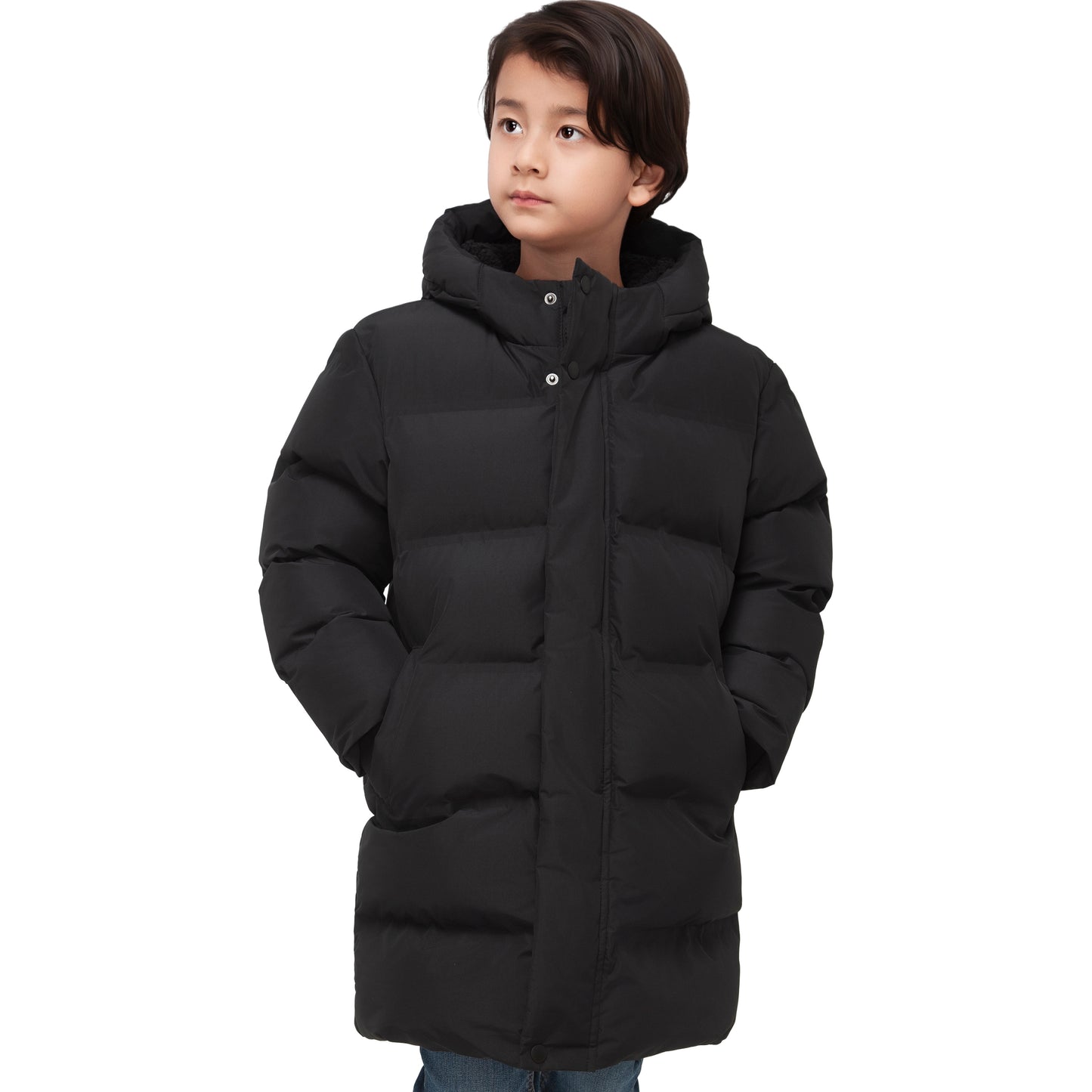 Rokka&Rolla Boys Long Seamless Puffer Jacket Fleece Lining Winter Coat - Black