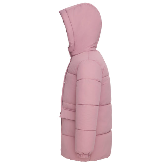 Girls' Long Puffer Jacket with Soft Mini Fur Lined Hood - Pink