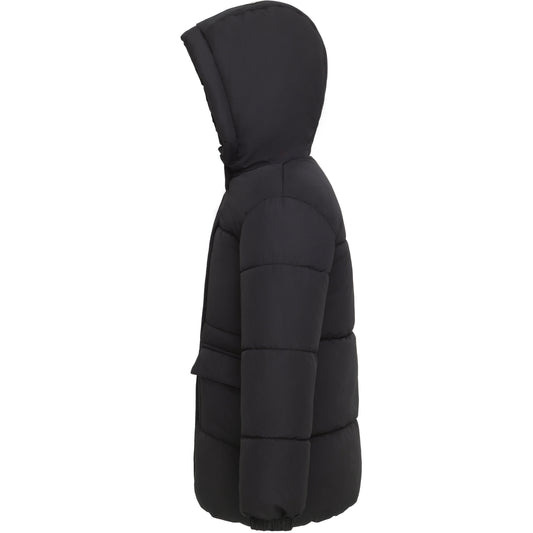 Girls' Long Puffer Jacket with Soft Mini Fur Lined Hood - Black