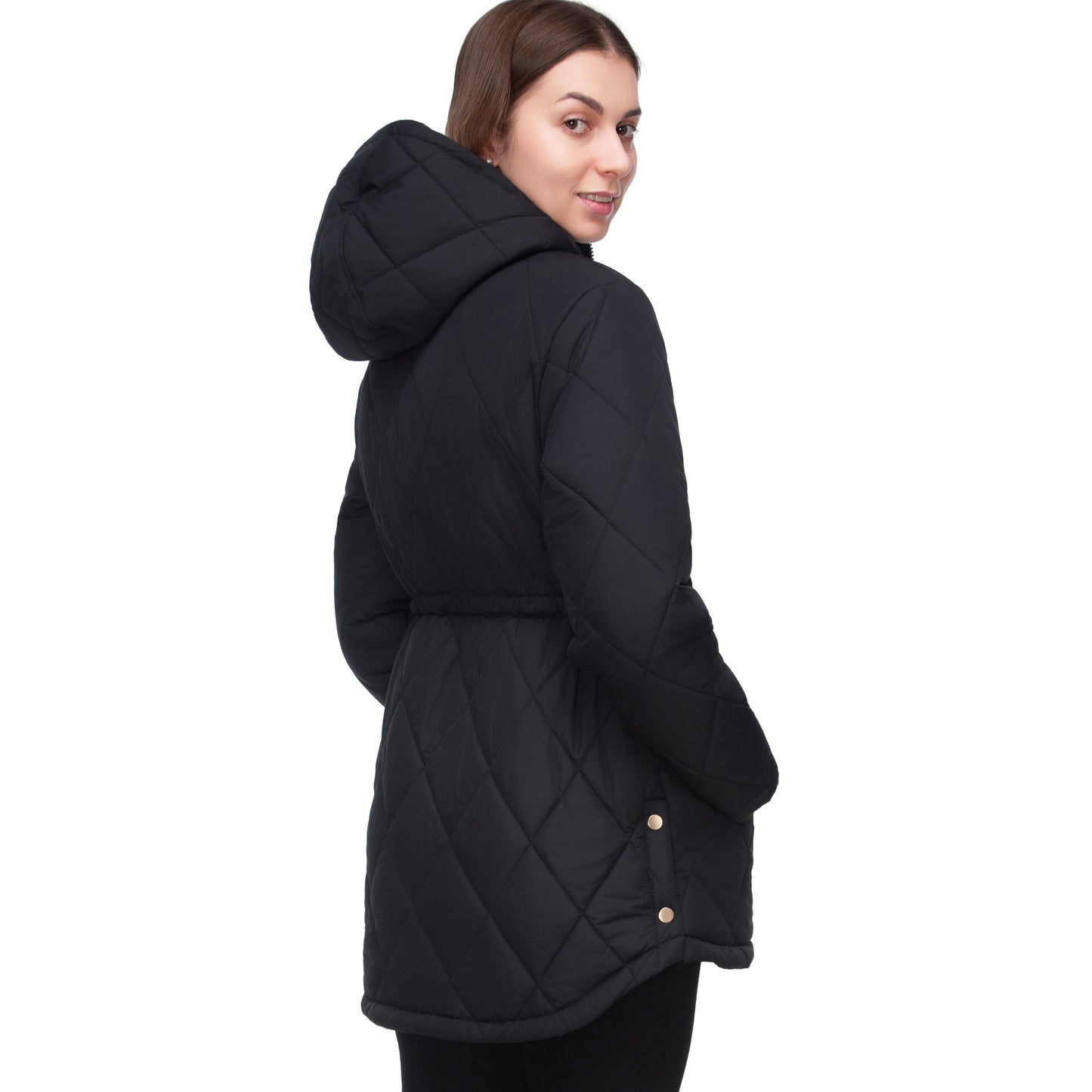 Women's Diamond Quilted Adjustable Hem and Waist Puffer Jacket - Black