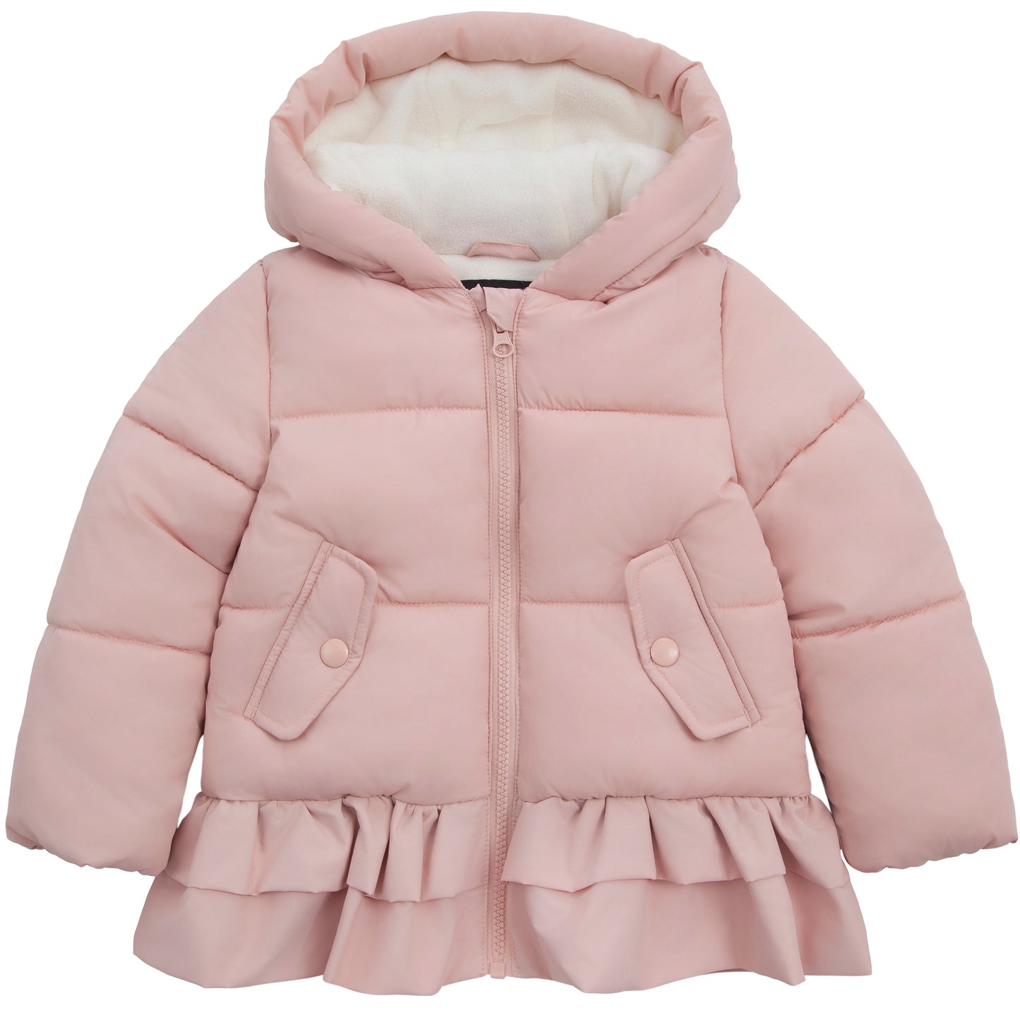 Toddler Girls Ruffle Hem Hooded Fleece Lined Puffer Jacket - Pink