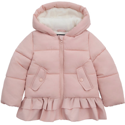 Toddler Girls Ruffle Hem Hooded Fleece Lined Puffer Jacket - Pink