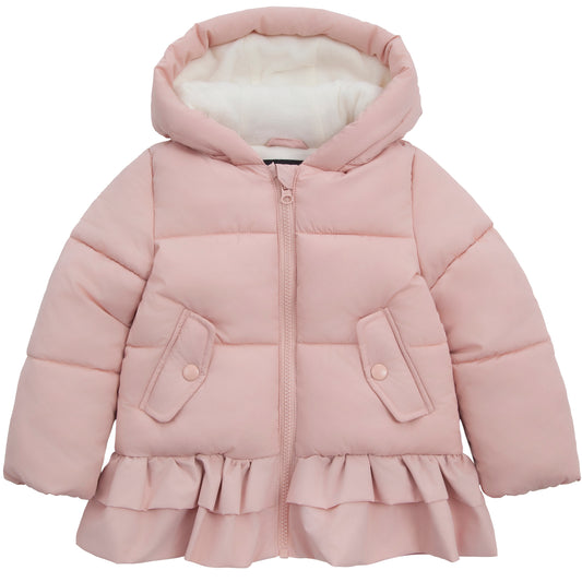 Toddler Girls Ruffle Hem Hooded Fleece Lined Puffer Jacket - Pink