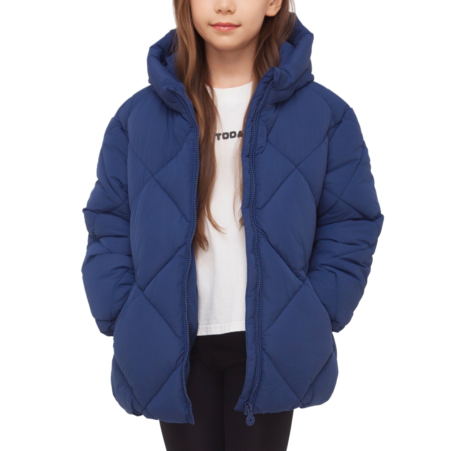 Girls Diamond Quilted Hooded Puffer Jacket - Navy