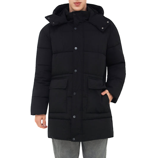 Men's Puffer Jacket Water-Resistant Fleece-Lined Winter Coat - Black