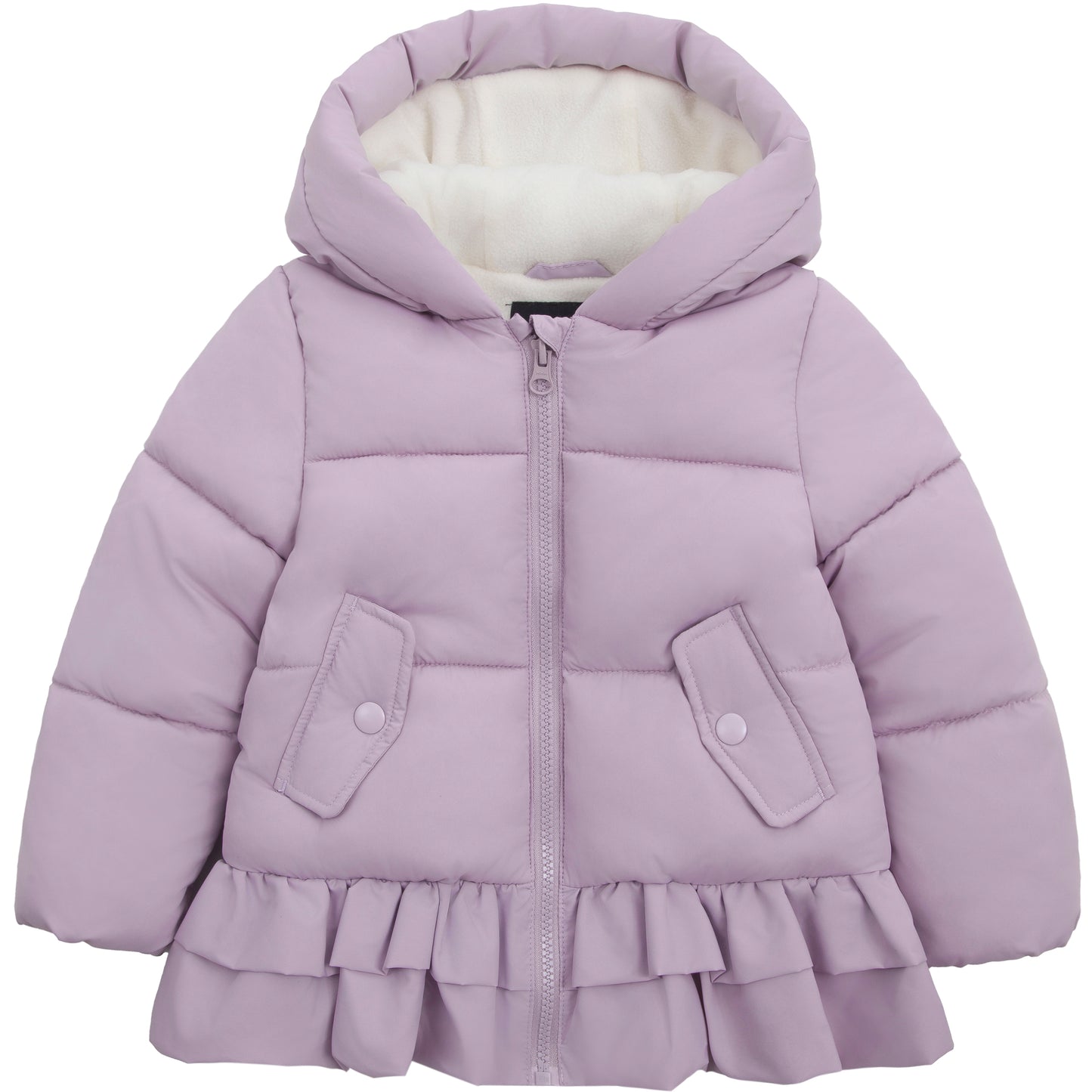 Toddler Girls Ruffle Hem Hooded Fleece Lined Puffer Jacket - Purple