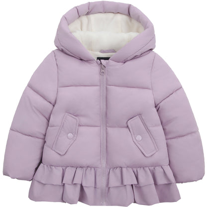 Toddler Girls Ruffle Hem Hooded Fleece Lined Puffer Jacket - Purple