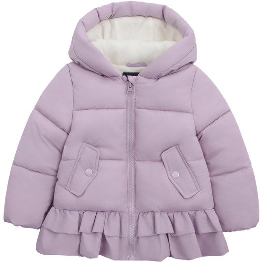 Toddler Girls Ruffle Hem Hooded Fleece Lined Puffer Jacket - Purple