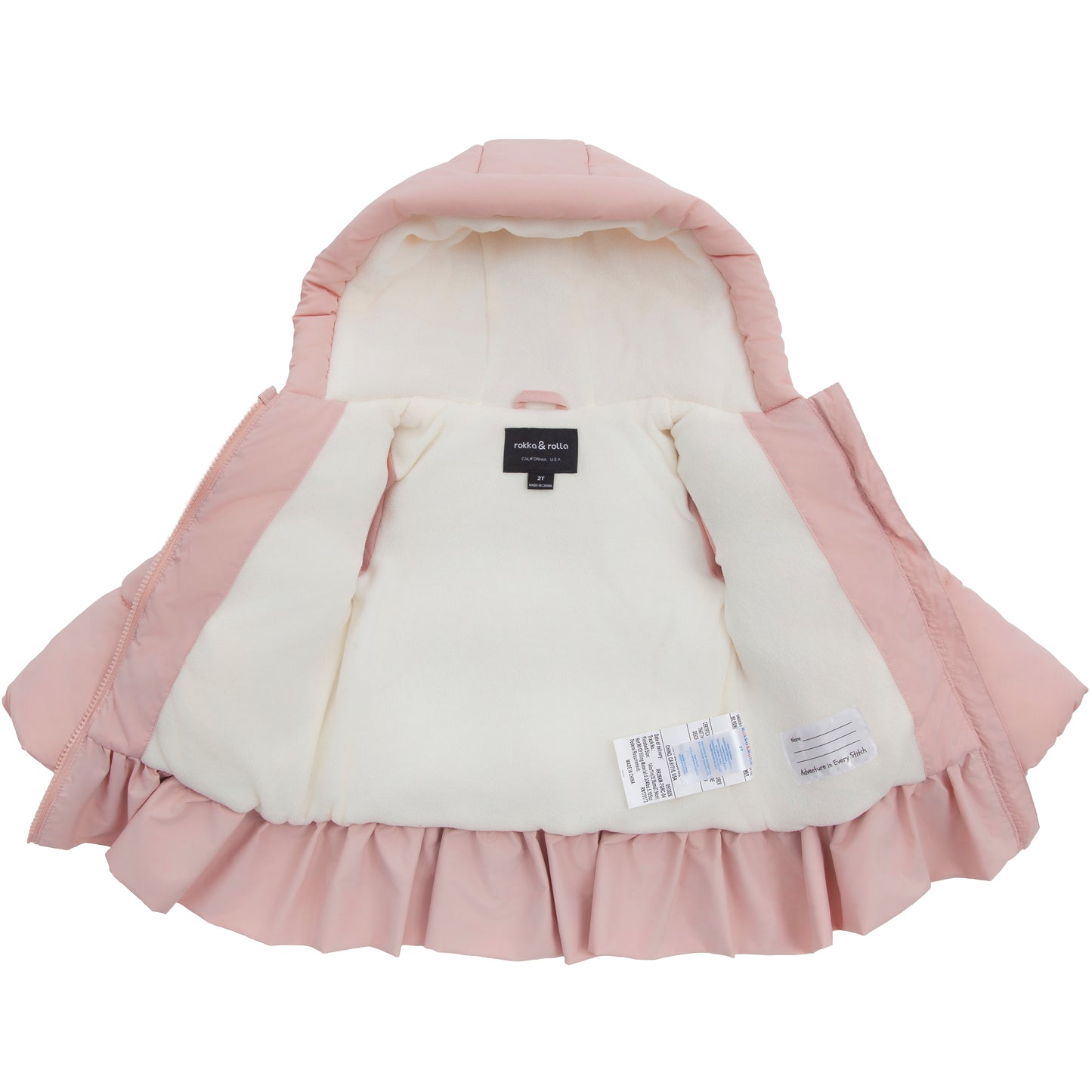 Toddler Girls Ruffle Hem Hooded Fleece Lined Puffer Jacket - Pink