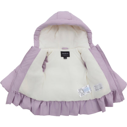 Toddler Girls Ruffle Hem Hooded Fleece Lined Puffer Jacket - Purple