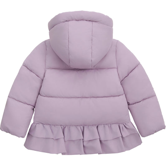 Toddler Girls Ruffle Hem Hooded Fleece Lined Puffer Jacket - Purple