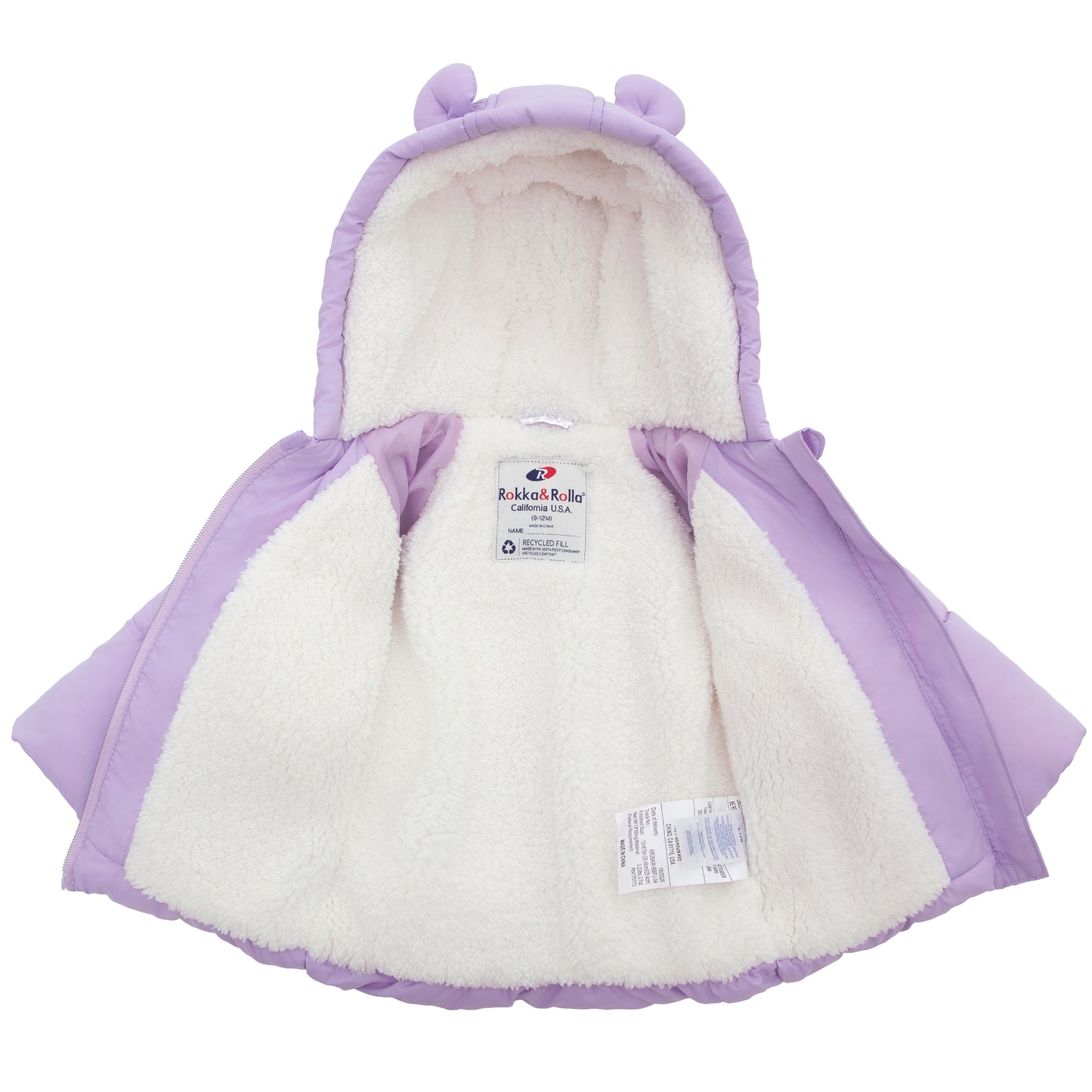 Rokka&Rolla Baby Girls Puffer Jacket Fleece Lined Bear Ears Puffer Jacket - Lilac
