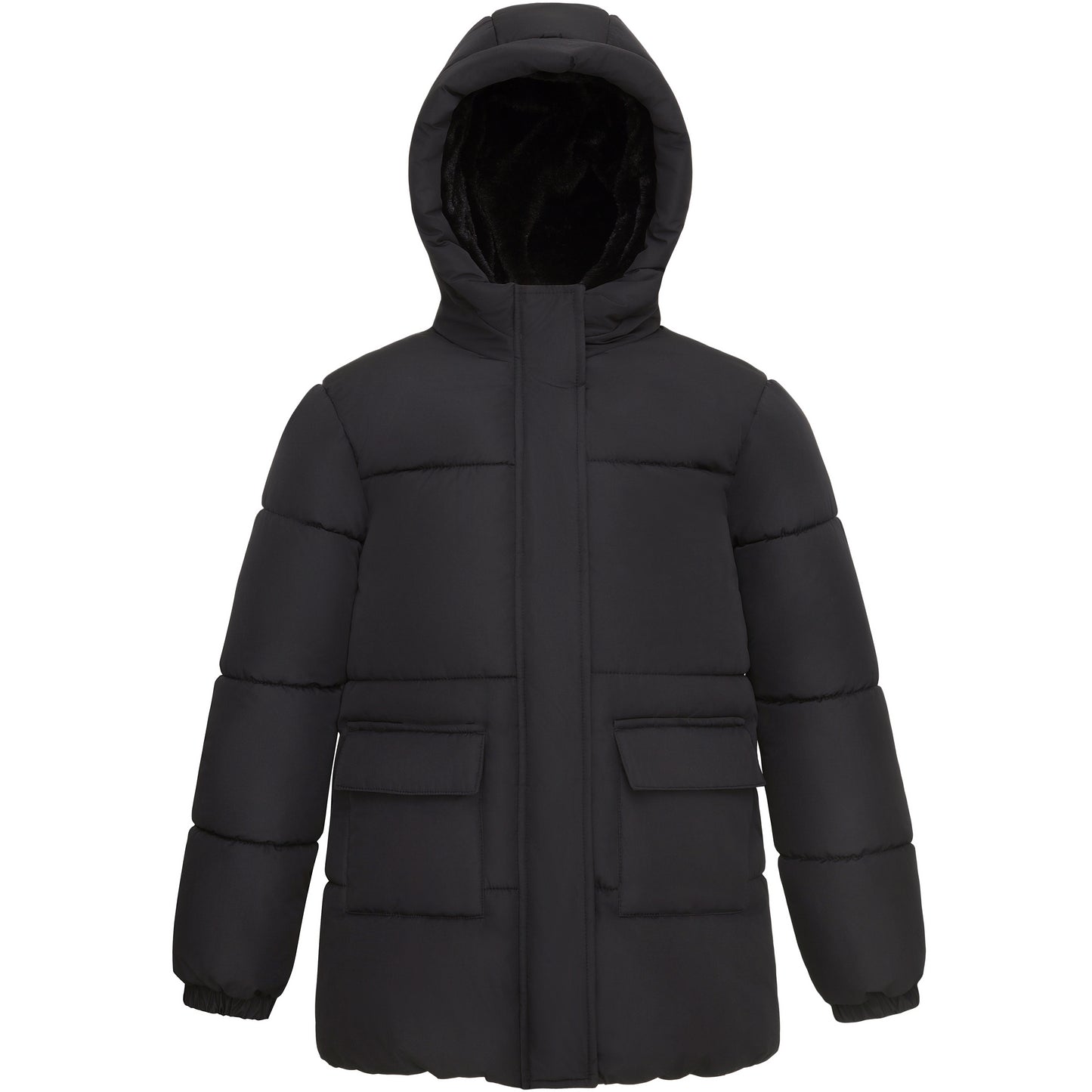 Rokka&Rolla Girls' Long Puffer Jacket with Soft Mini Fur Lined Hood - Black