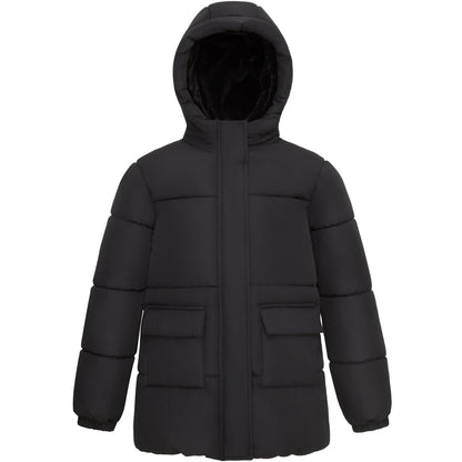 Rokka&Rolla Girls' Long Puffer Jacket with Soft Mini Fur Lined Hood - Black