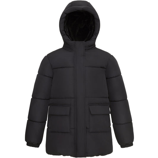Girls' Long Puffer Jacket with Soft Mini Fur Lined Hood - Black