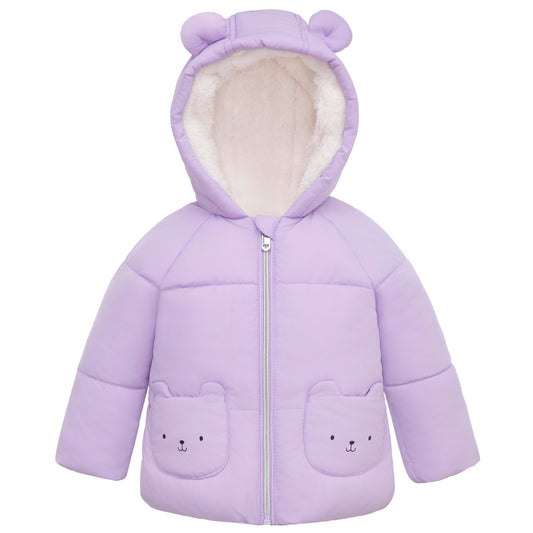 Baby Girls Puffer Jacket Fleece Lined Bear Ears Puffer Jacket - Lilac