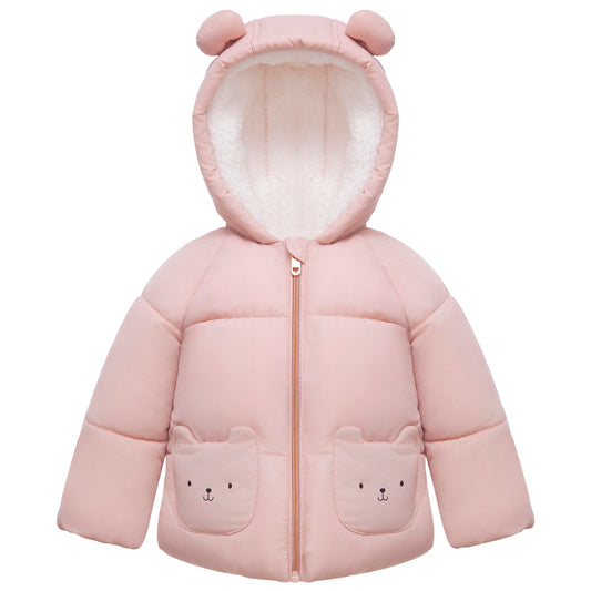Baby Girls Puffer Jacket Fleece Lined Bear Ears Puffer Jacket - Pink