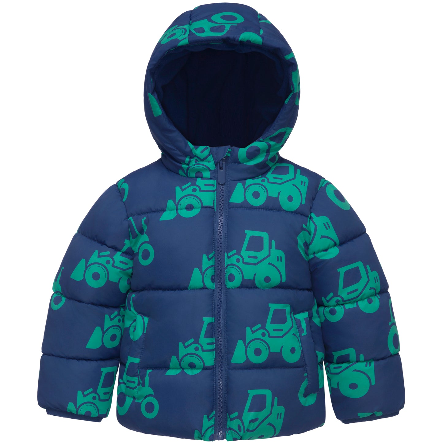 Boys Toddler Puffer Jacket Fleece Lined Hooded Winter Coat - Green Car