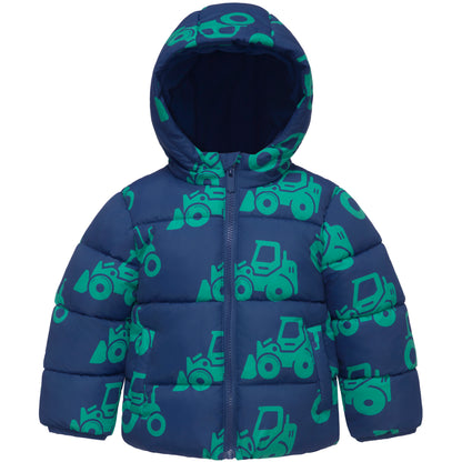 Boys Toddler Puffer Jacket Fleece Lined Hooded Winter Coat - Green Car