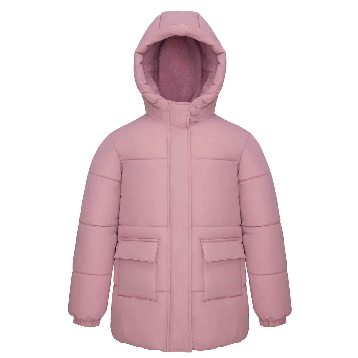 Rokka&Rolla Girls' Long Puffer Jacket with Soft Mini Fur Lined Hood - Pink