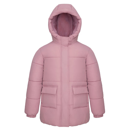 Rokka&Rolla Girls' Long Puffer Jacket with Soft Mini Fur Lined Hood - Pink