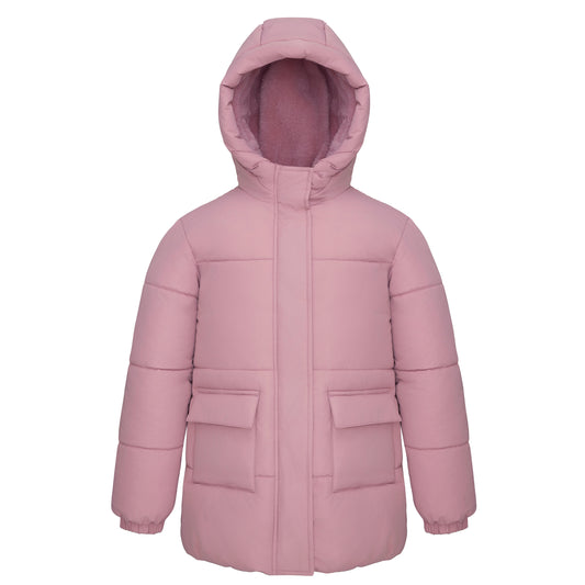 Girls' Long Puffer Jacket with Soft Mini Fur Lined Hood - Pink