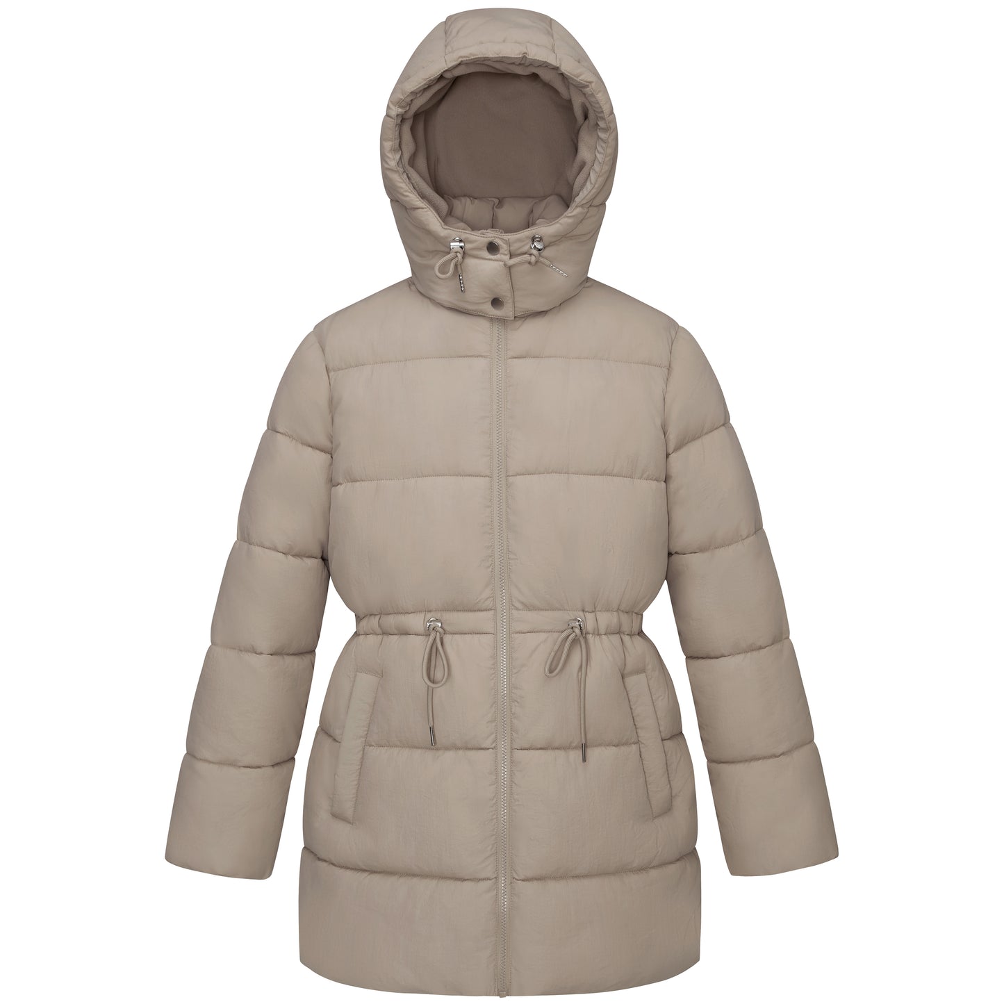 Women's Winter Puffer Jacket Cinch Waist Fleece Hood Parka Coat - Khaki