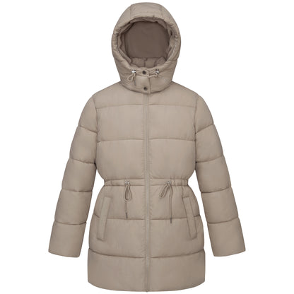 Women's Winter Puffer Jacket Cinch Waist Fleece Hood Parka Coat - Khaki