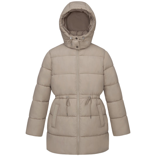 Women's Winter Puffer Jacket Cinch Waist Fleece Hood Parka Coat - Khaki