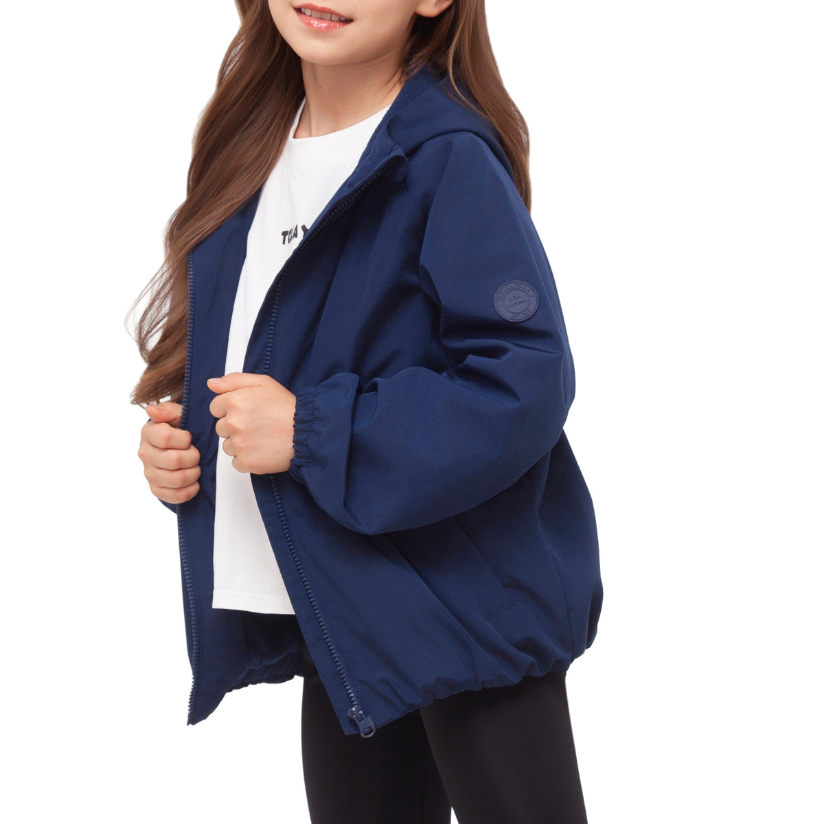 Girls Fleece Lining Jacket with Bubble Hem Snap Pockets Coat - Navy