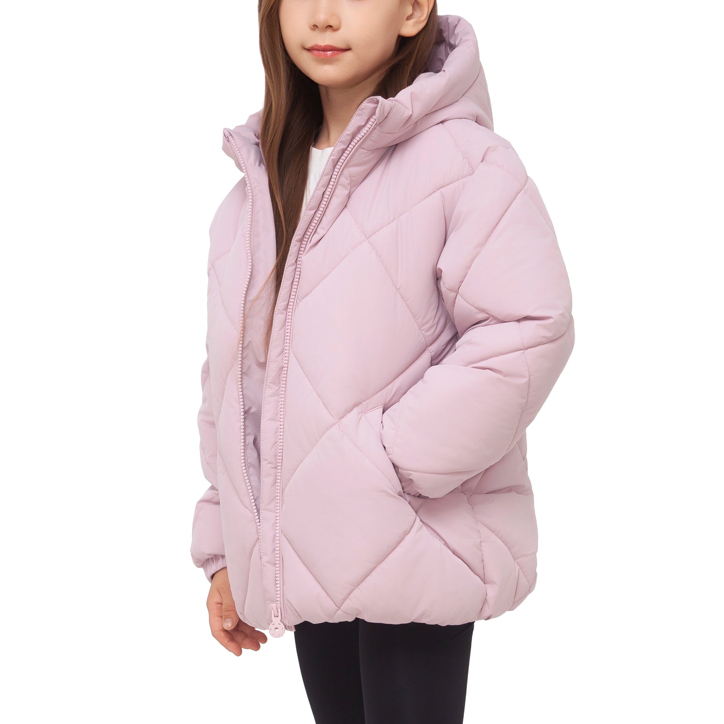 Girls Diamond Quilted Hooded Puffer Jacket - Pink