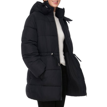 Women's Winter Puffer Jacket Cinch Waist Fleece Hood Parka Coat - Black