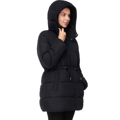 Women's Winter Puffer Jacket Cinch Waist Fleece Hood Parka Coat - Black
