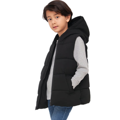 Boys Hooded Puffer Vest Lightweight Warm All Season Bodywarmer - Black