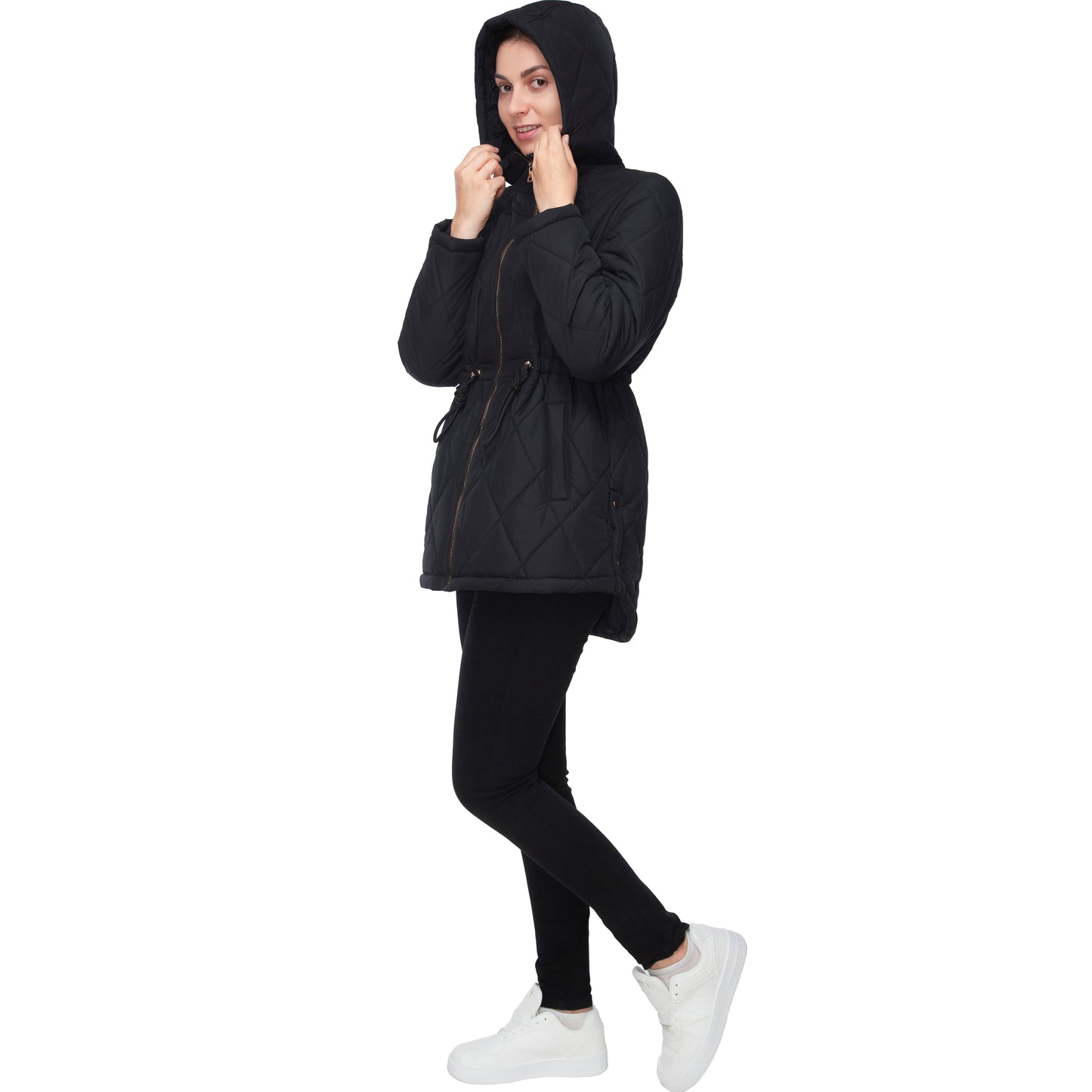 Women's Diamond Quilted Adjustable Hem and Waist Puffer Jacket - Black