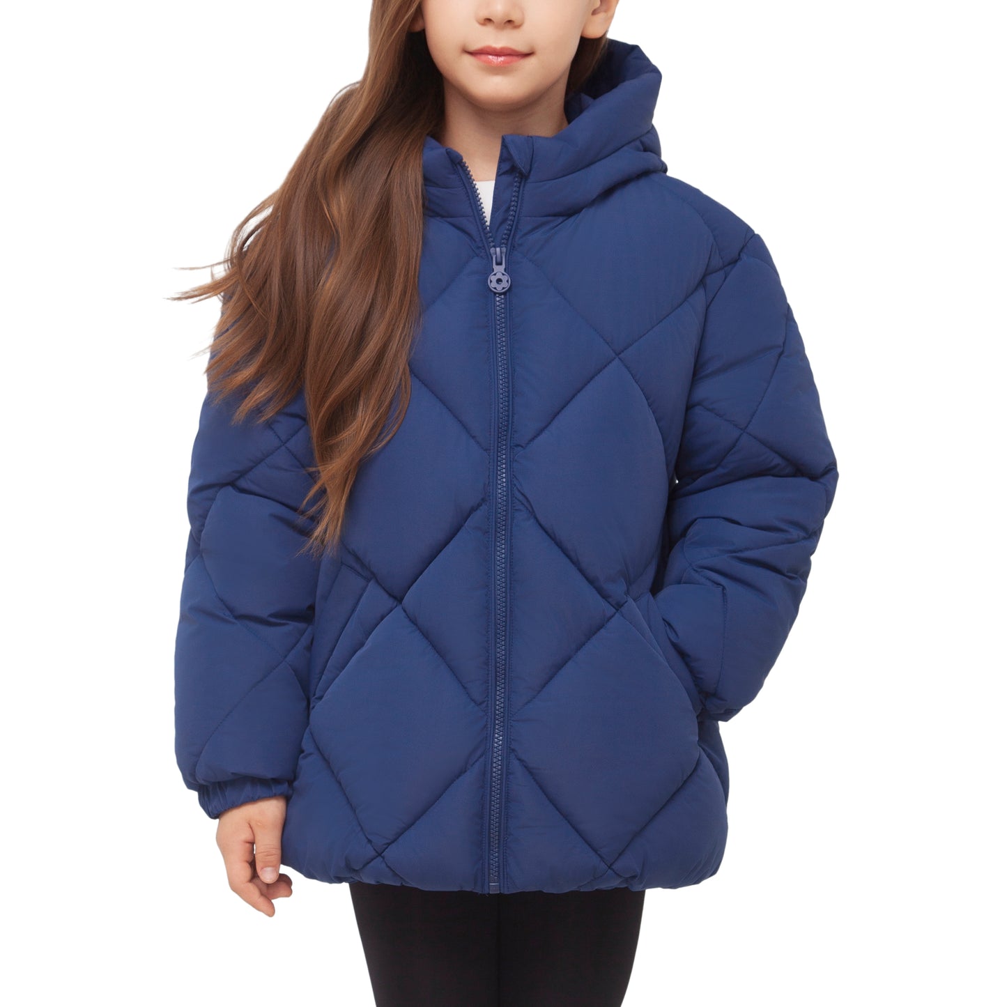Girls Diamond Quilted Hooded Puffer Jacket - Navy