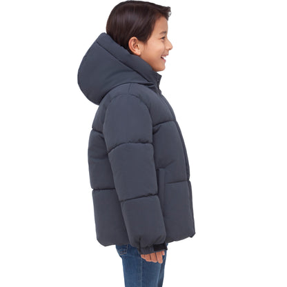 Boys Boxy Puffer Jacket With Water-Resistant Fleece Lining - Grey