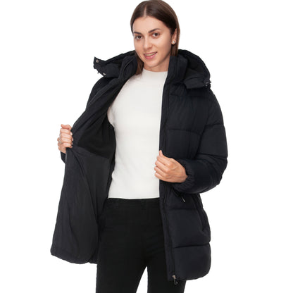 Women's Winter Puffer Jacket Cinch Waist Fleece Hood Parka Coat - Black