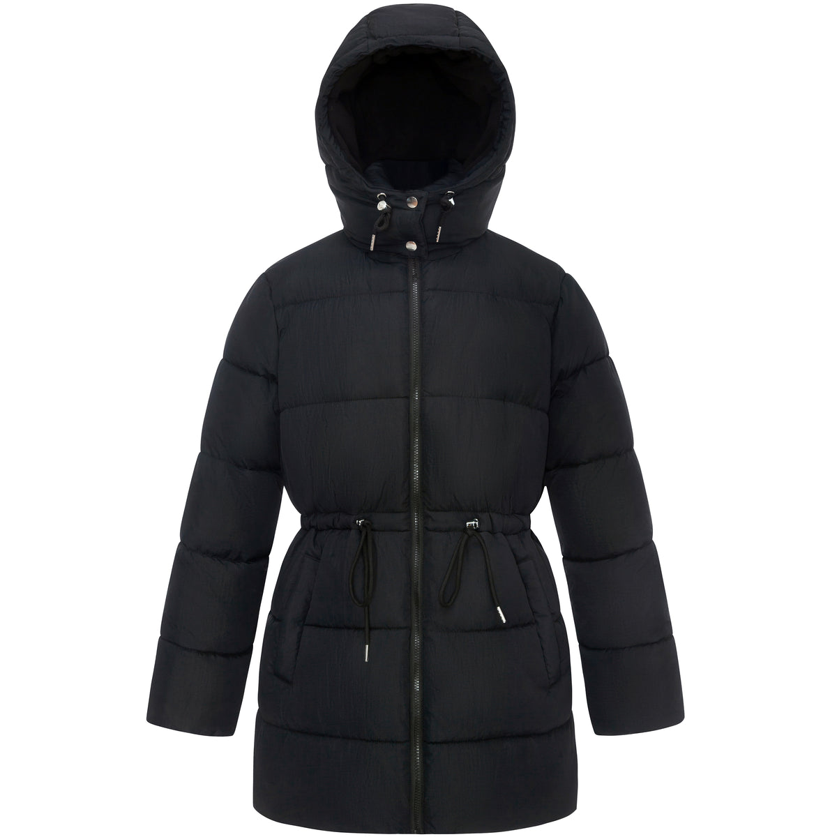 Women's Winter Puffer Jacket Cinch Waist Fleece Hood Parka Coat - Black