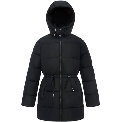 Women's Winter Puffer Jacket Cinch Waist Fleece Hood Parka Coat - Black