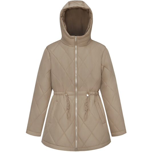 Women's Diamond Quilted Adjustable Hem and Waist Puffer Jacket - Khaki